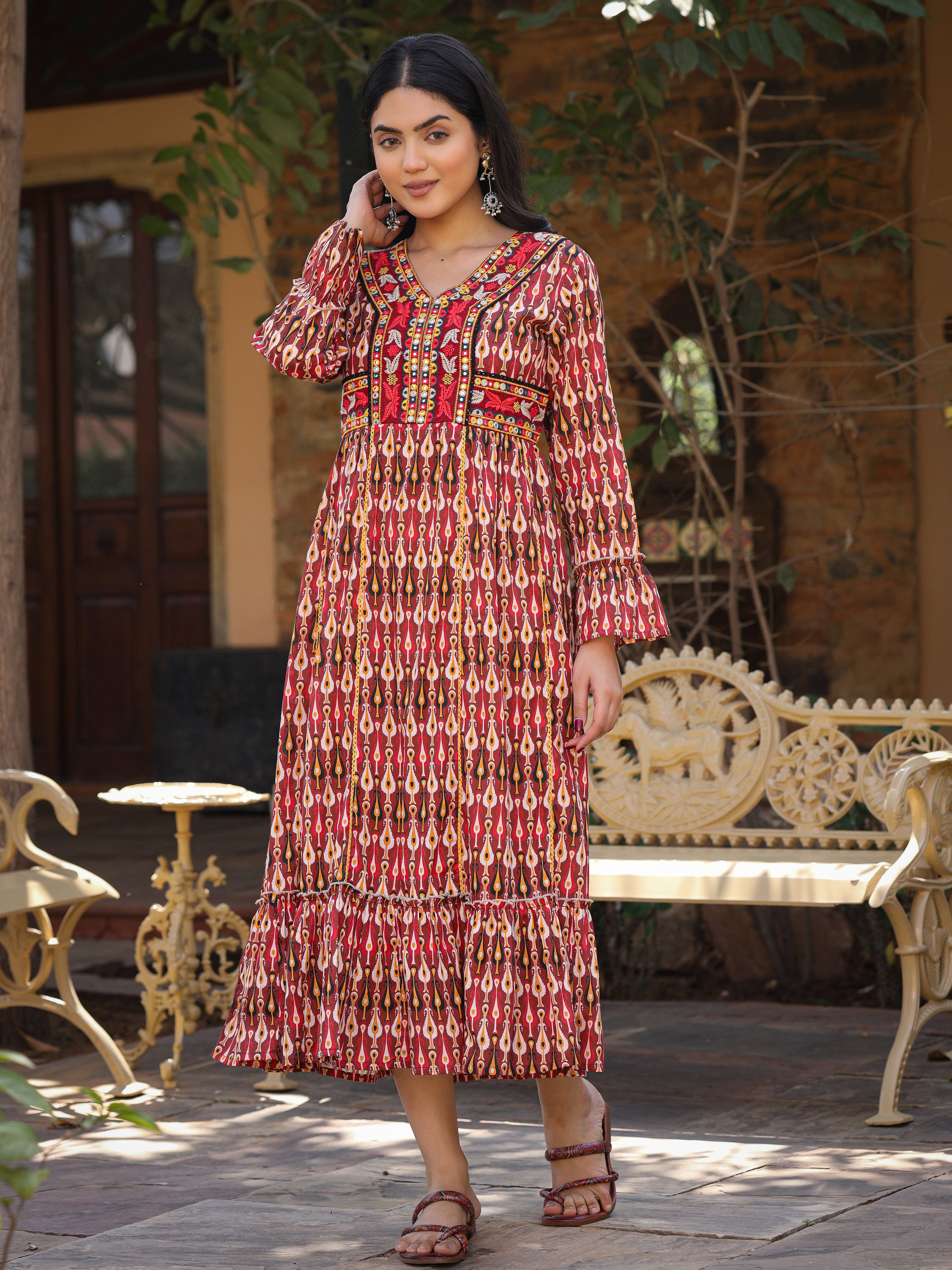 Women Maroon Cotton Printed Dress