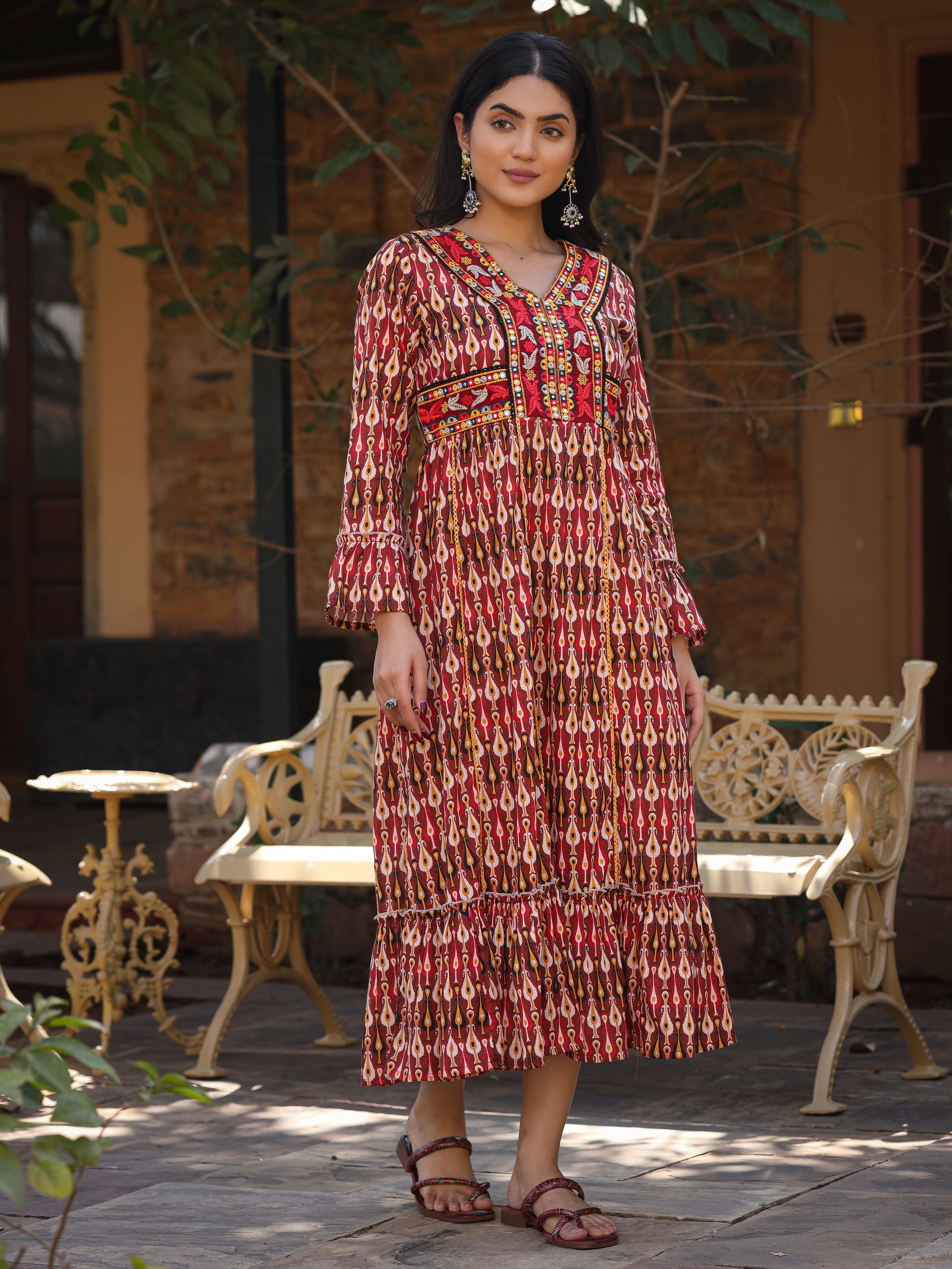 Women Maroon Cotton Printed Dress