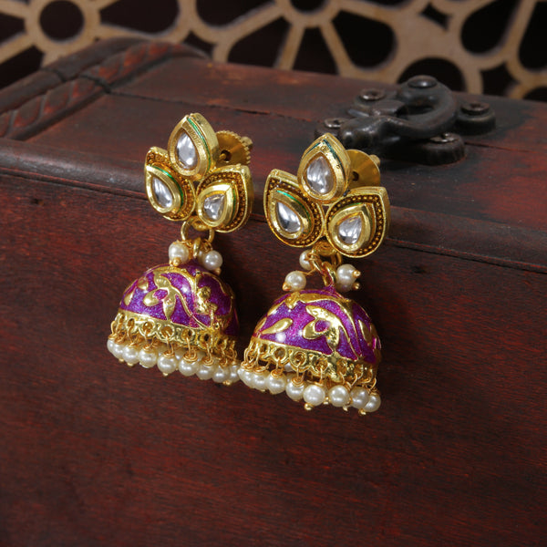 18k Gold Plated Meena Work Pearl Studded Jhumki Earring For Women (E2924Pu) | Womensfashionfun