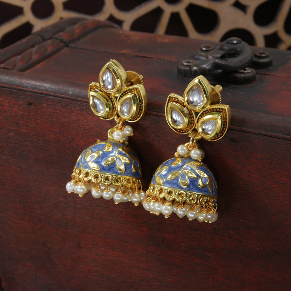 18k Gold Plated Meena Work Pearl Studded Jhumki Earring For Women (E2924Bl) | Womensfashionfun