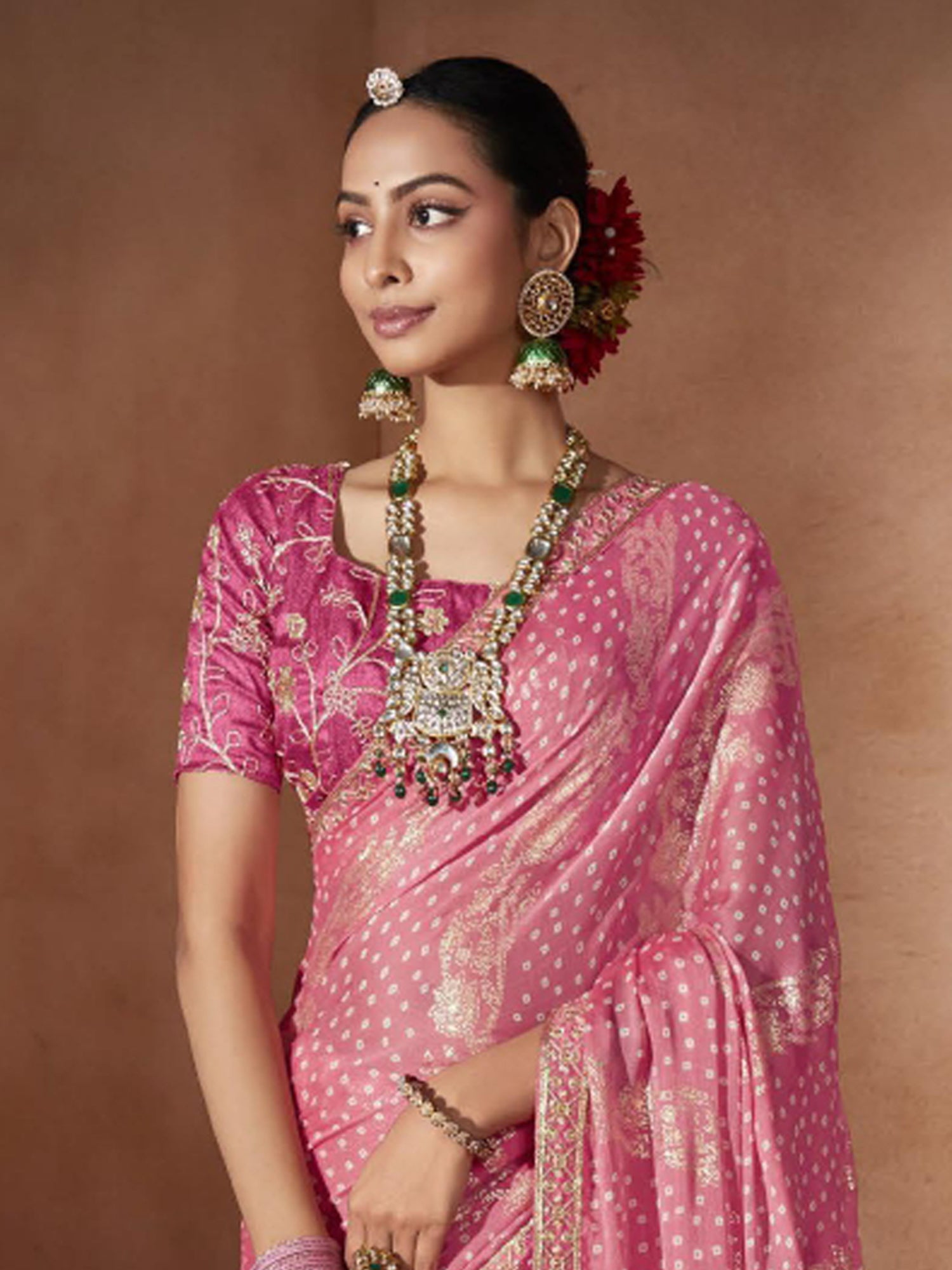 Women's Chiffon Pink Embellished Designer Saree With Blouse Piece