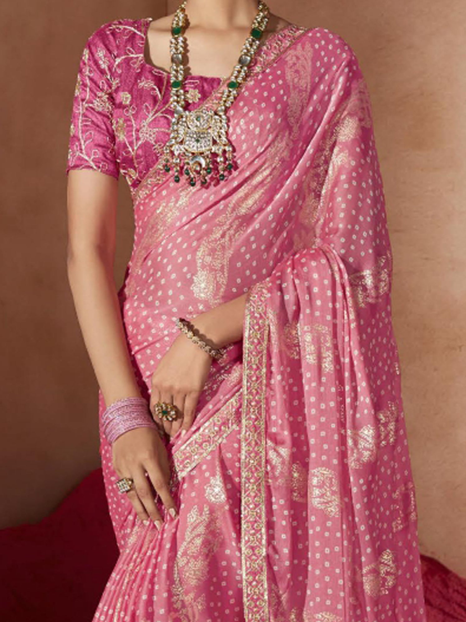 Women's Chiffon Pink Embellished Designer Saree With Blouse Piece