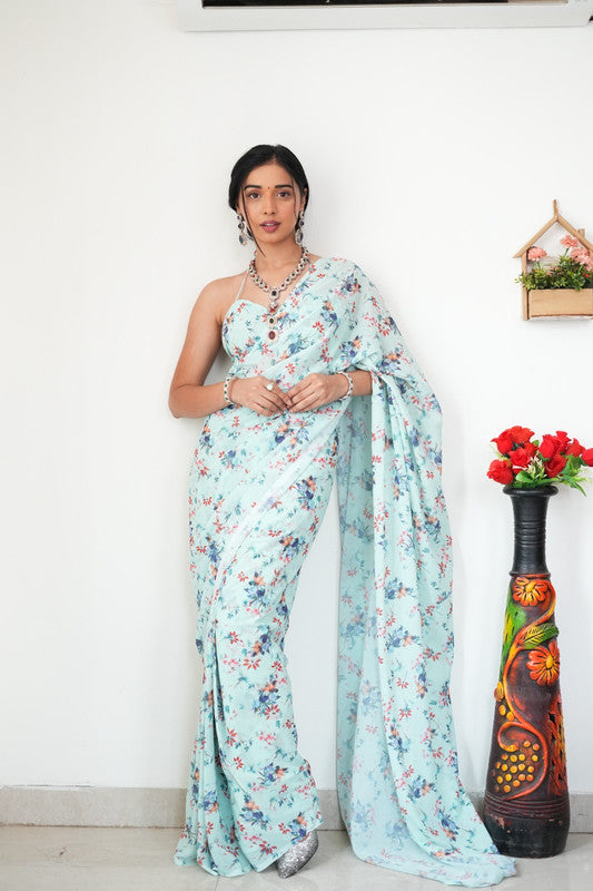 Women Georgette Silk Printed Ready To Wear Saree With Blouse Piece