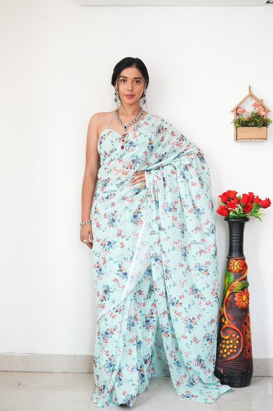 Women Georgette Silk Printed Ready To Wear Saree With Blouse Piece