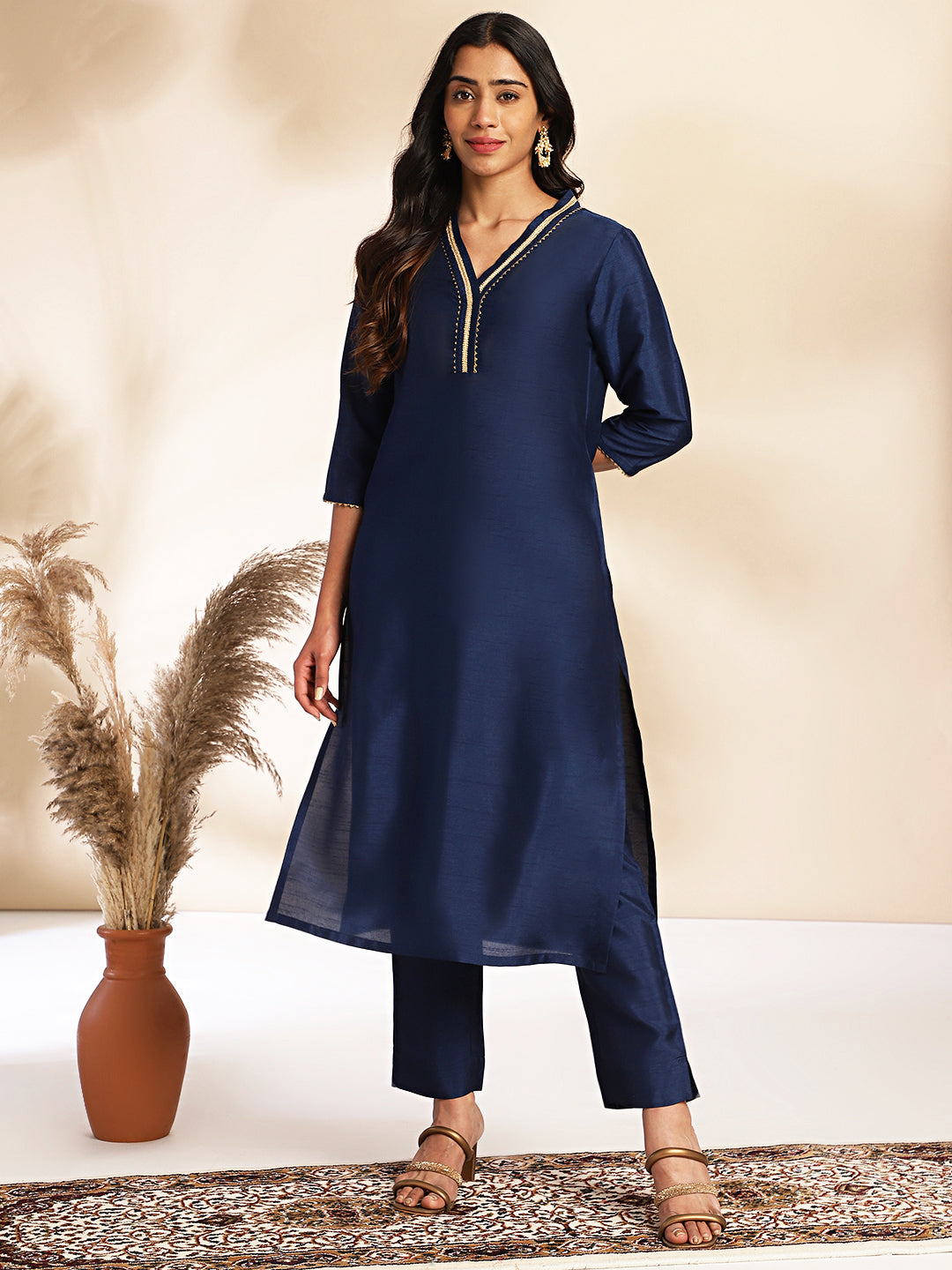 Women Navy Blue Crepe Silk Kurta Set WomensFashionFun