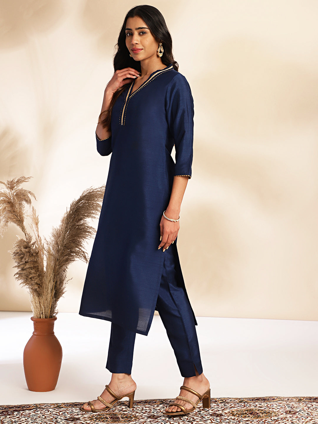 Women Navy Blue Crepe Silk Kurta Set WomensFashionFun