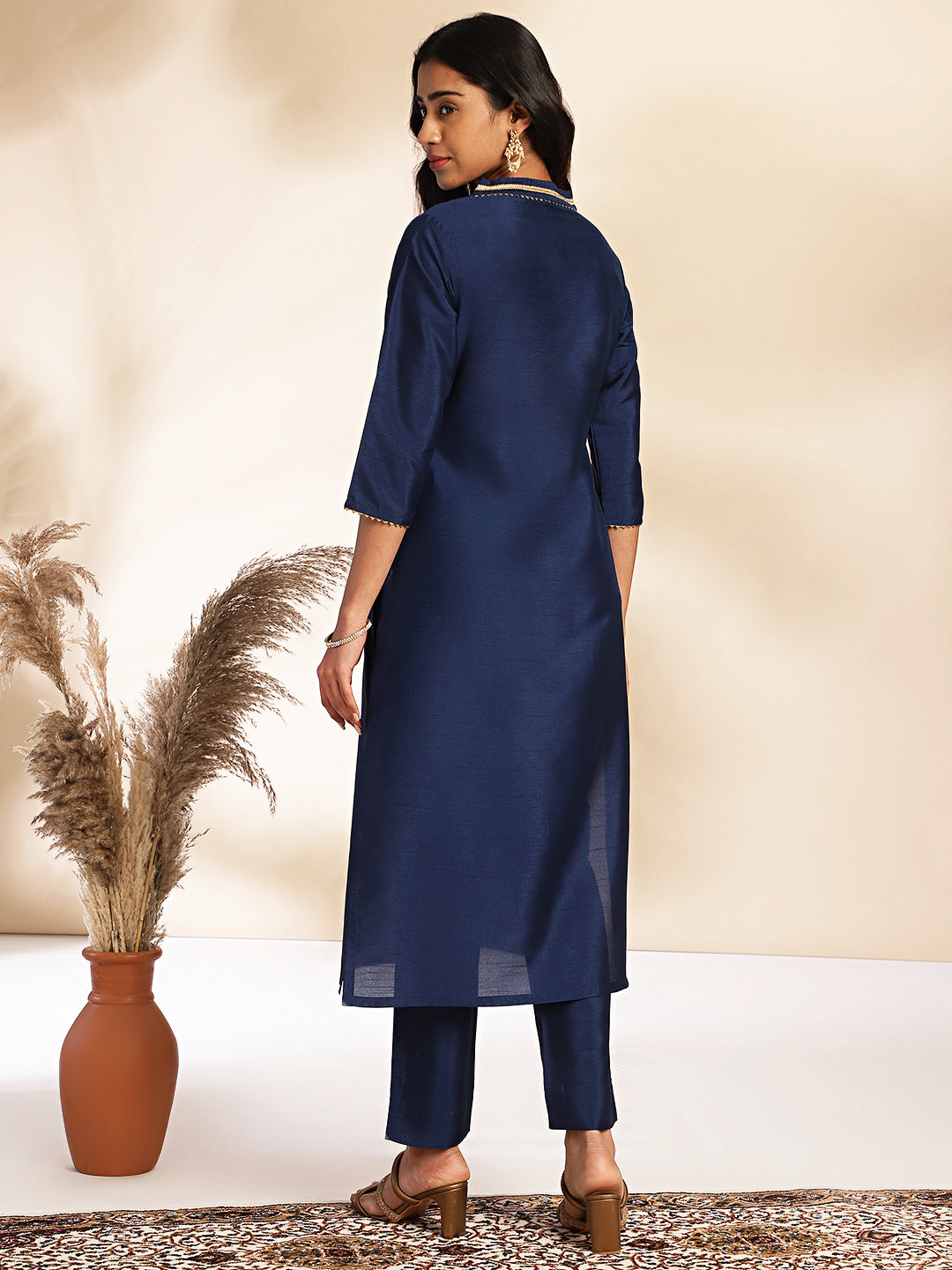 Women Navy Blue Crepe Silk Kurta Set WomensFashionFun