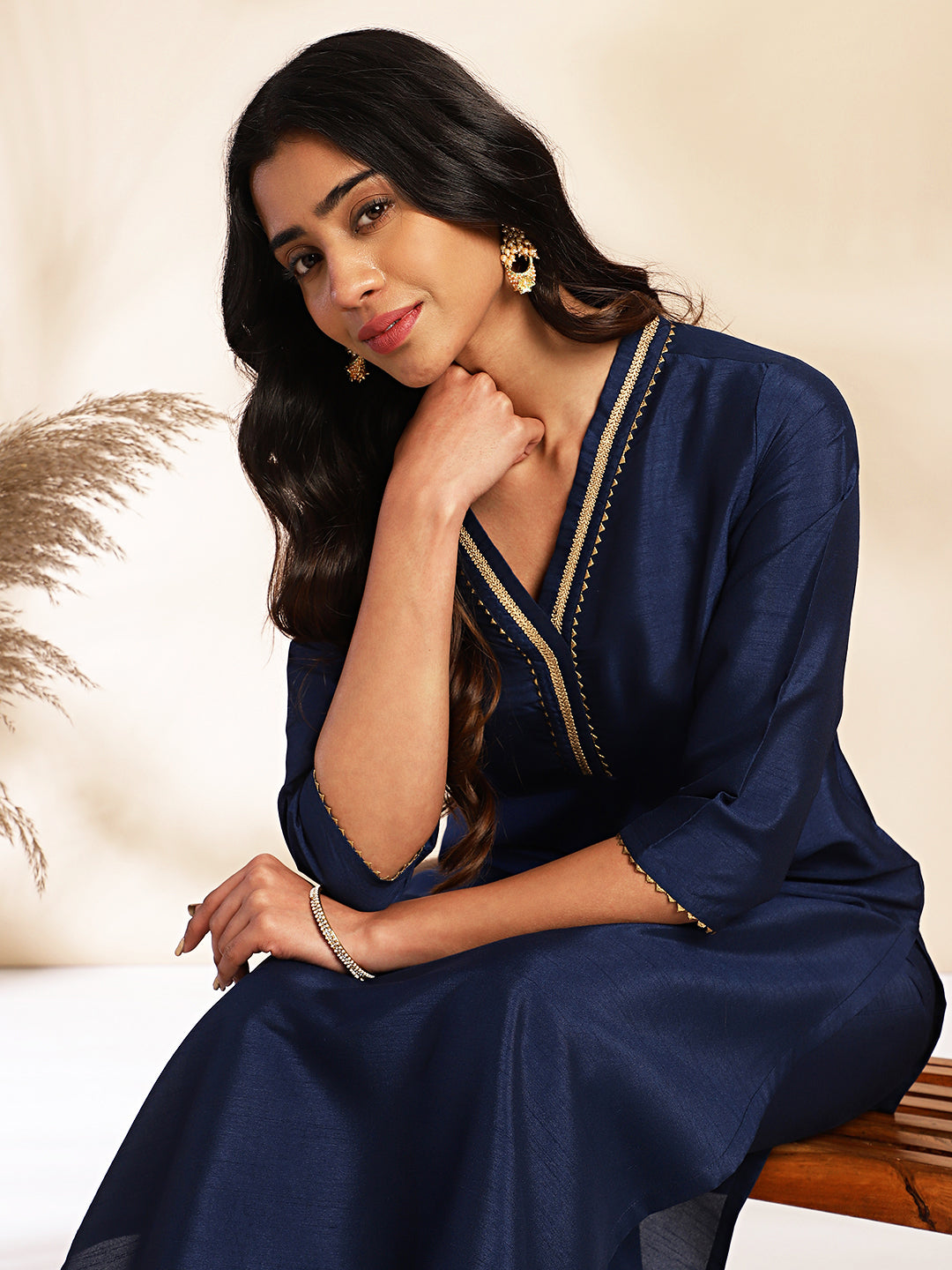 Women Navy Blue Crepe Silk Kurta Set WomensFashionFun