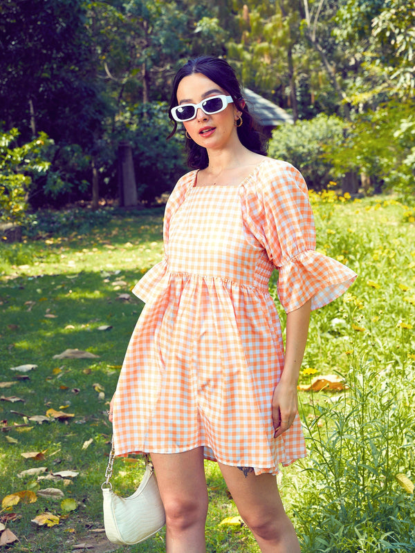 Women Peach Check Puff Sleeves Mini Dress | WomensFashionFun.com