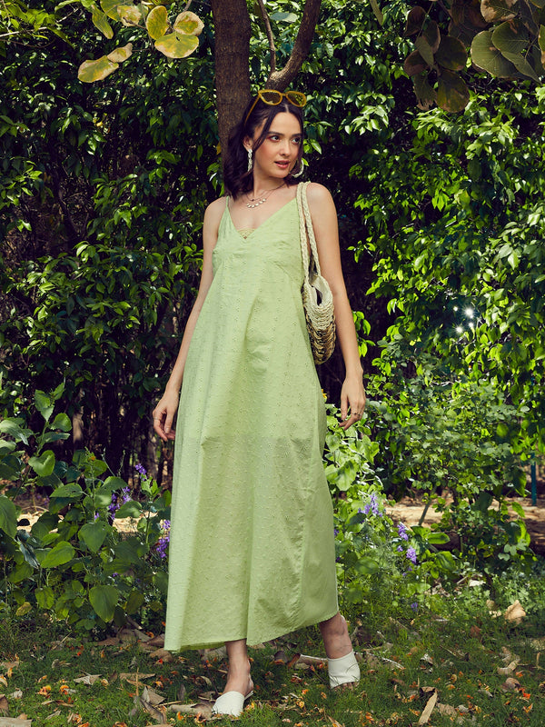 Women Lime Green Schiffli Strappy Maxi Dress | WomensFashionFun.com