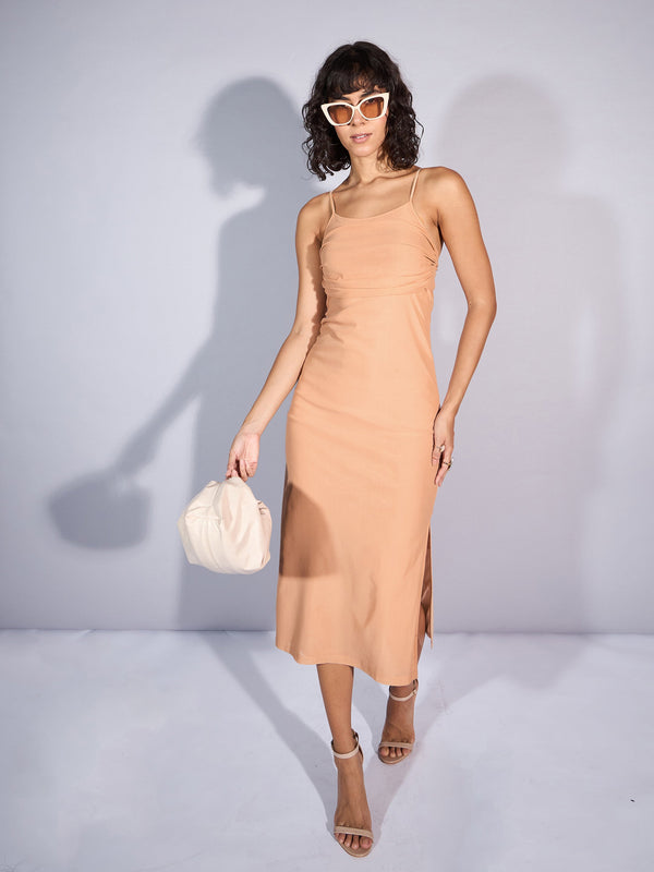 Women Beige Mesh Strappy Midi Dress | WOMENSFASHIONFUN