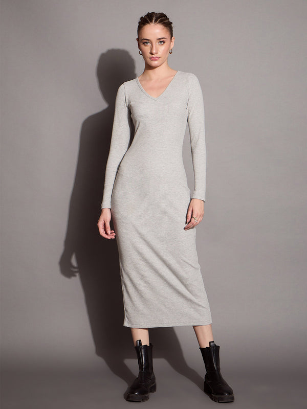 Women Grey Melange Ribbed V-Neck Full Sleeves Bodycon Dress | WOMENSFASHIONFUN