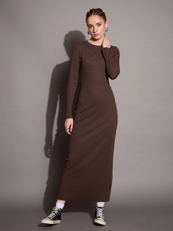 Women Brown Ribbed Bodycon Maxi Dress | WOMENSFASHIONFUN