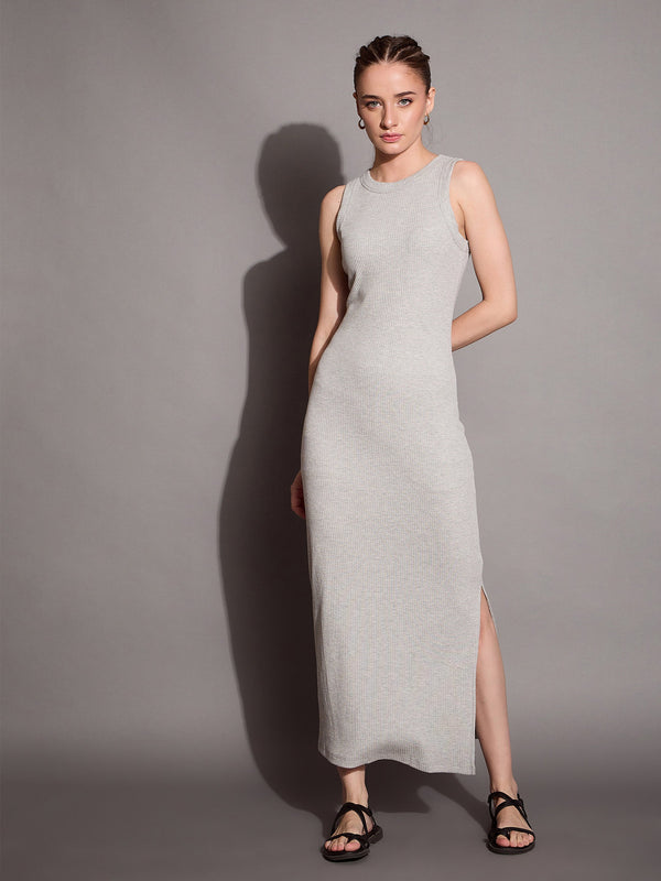 Women Grey Melange Ribbed Sleeveless Bodycon Maxi Dress | WOMENSFASHIONFUN