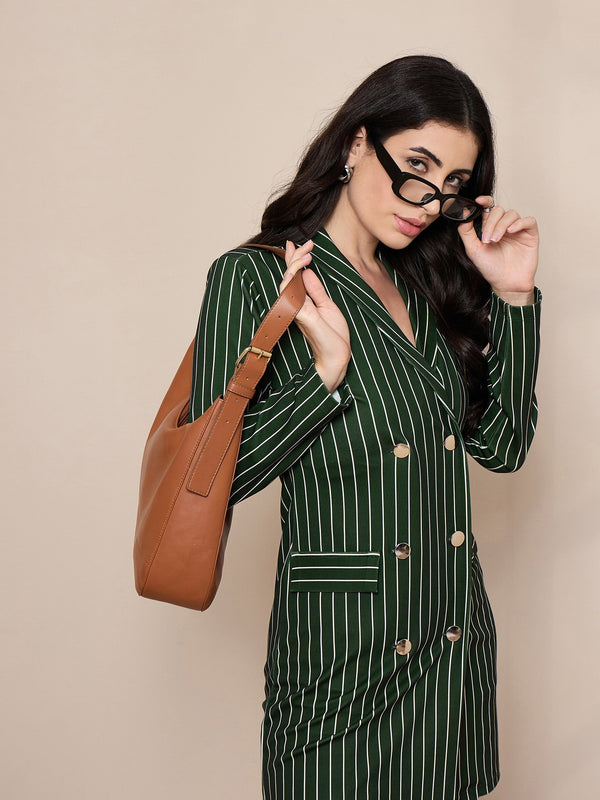 Women Green Striped Double Breasted Blazer Dress | WOMENSFASHIONFUN