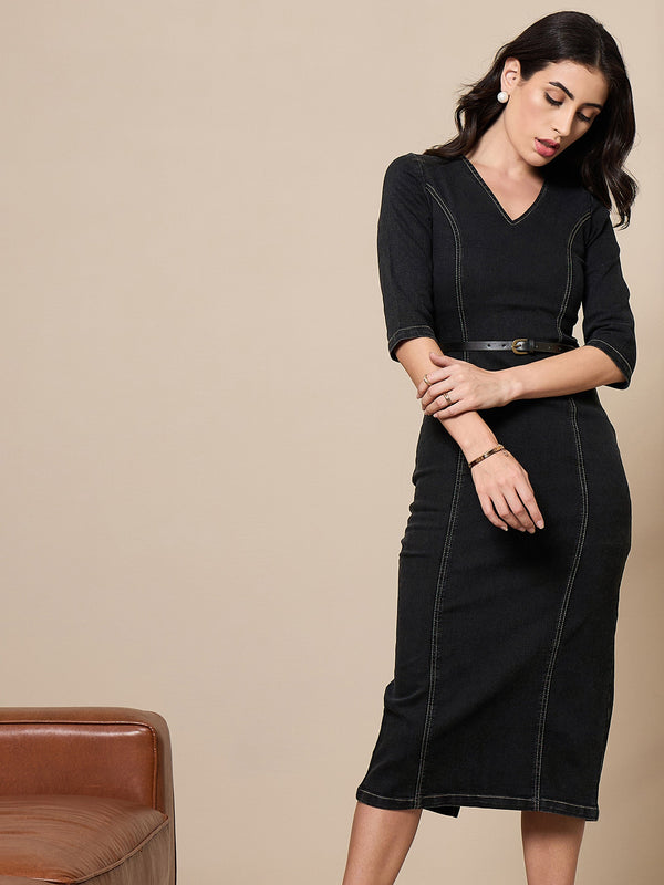 Women Black Denim V-Neck Below Knee Dress | WOMENSFASHIONFUN