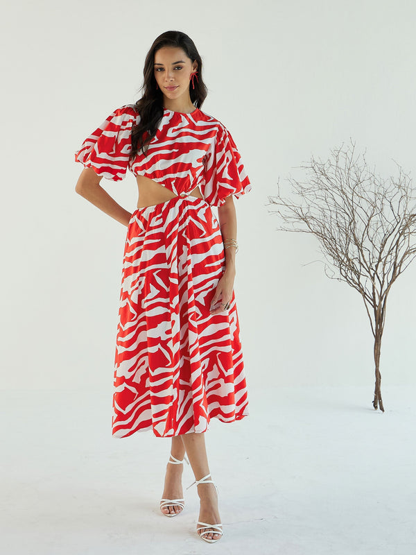 Women Red & White Printed Side Cut Out Midi Dress | WOMENSFASHIONFUN