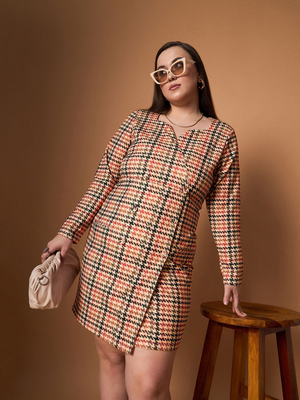 Women Peach Multi Houndstooth Blazer Dress | WOMENSFASHIONFUN