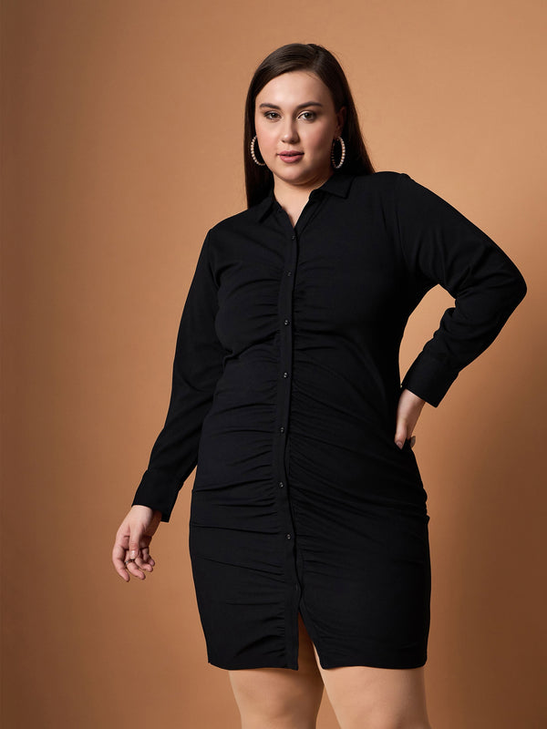 Women Black Front Button Ruched Dress | WOMENSFASHIONFUN