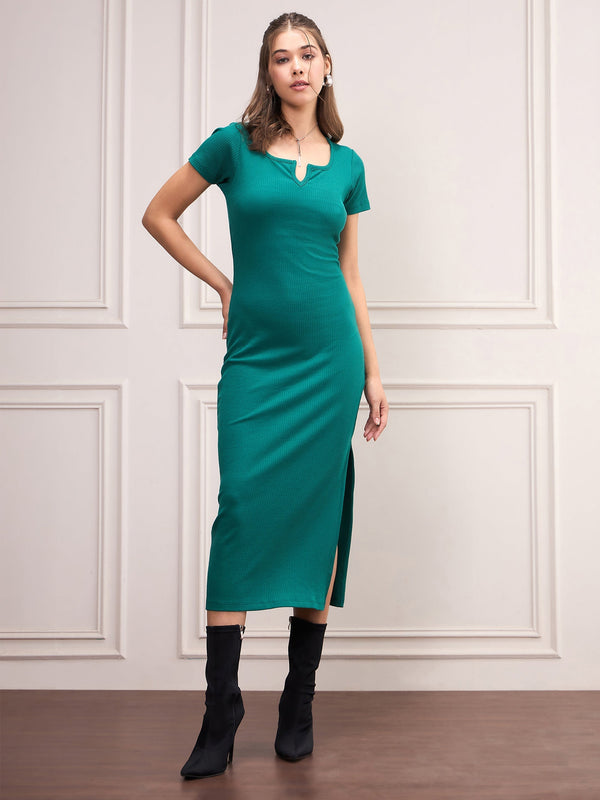 Women Bottle Green Rib V-Neck Midi Dress | WOMENSFASHIONFUN