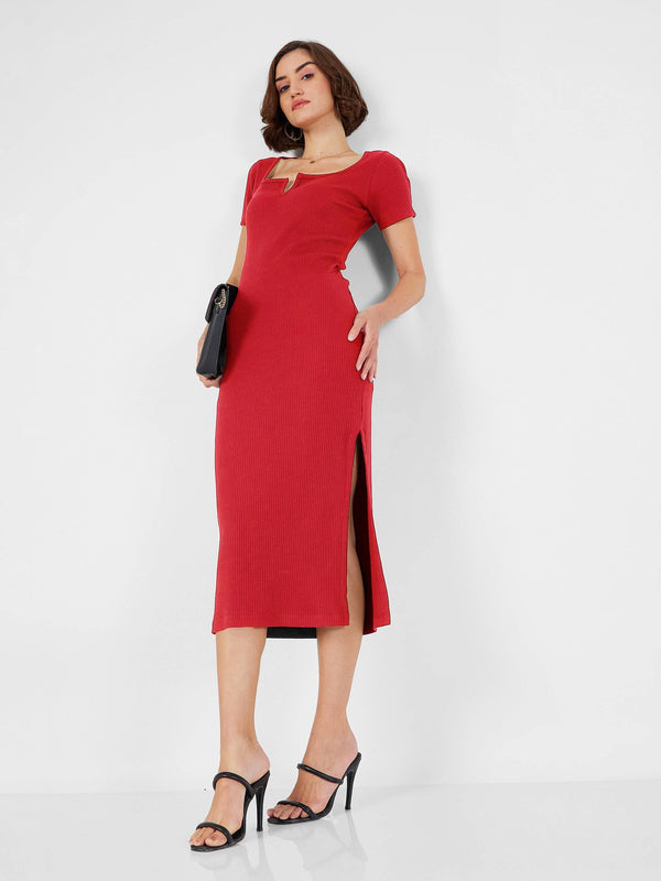 Women Red Rib V-Neck Midi Dress | WOMENSFASHIONFUN