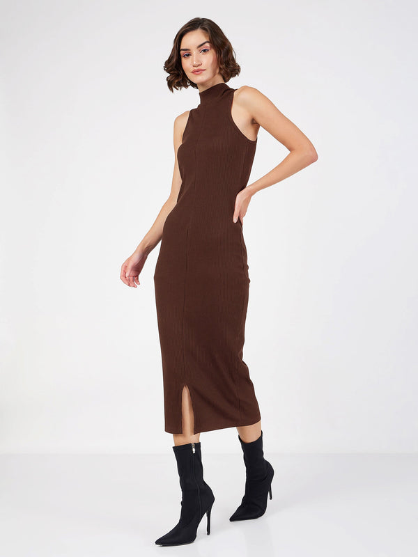 Women Dark Brown Rib Turtle Neck Sleeveless Midi Dress | WOMENSFASHIONFUN