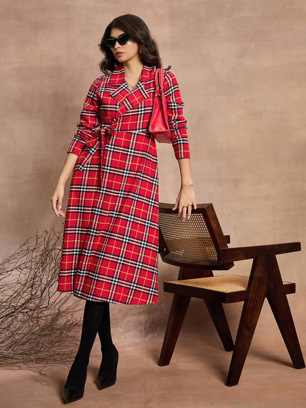 Women Red Check Wrap Tie-Up Midi Dress | WOMENSFASHIONFUN