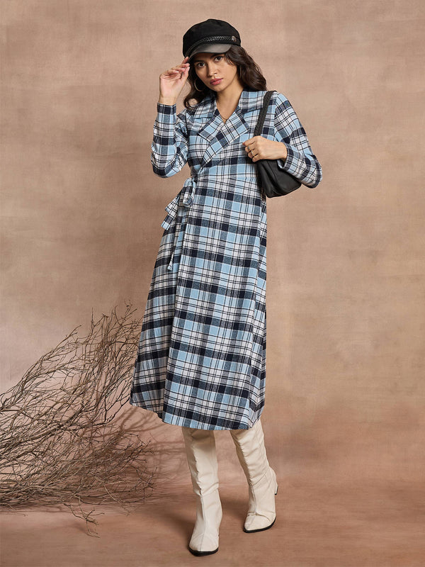 Women Blue Check Wrap Tie-Up Midi Dress | WOMENSFASHIONFUN