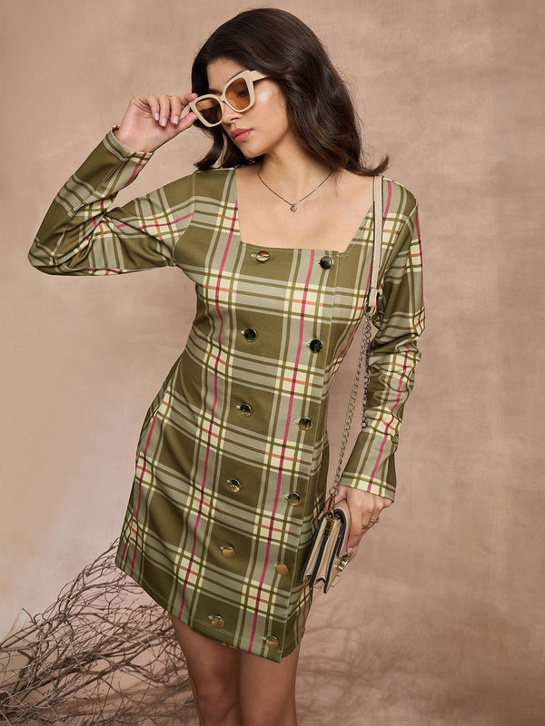 Women Green Check Front Button Short Dress | WOMENSFASHIONFUN