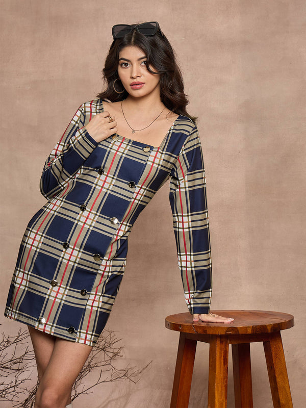 Women Navy Blue Check Front Button Short Dress | WOMENSFASHIONFUN