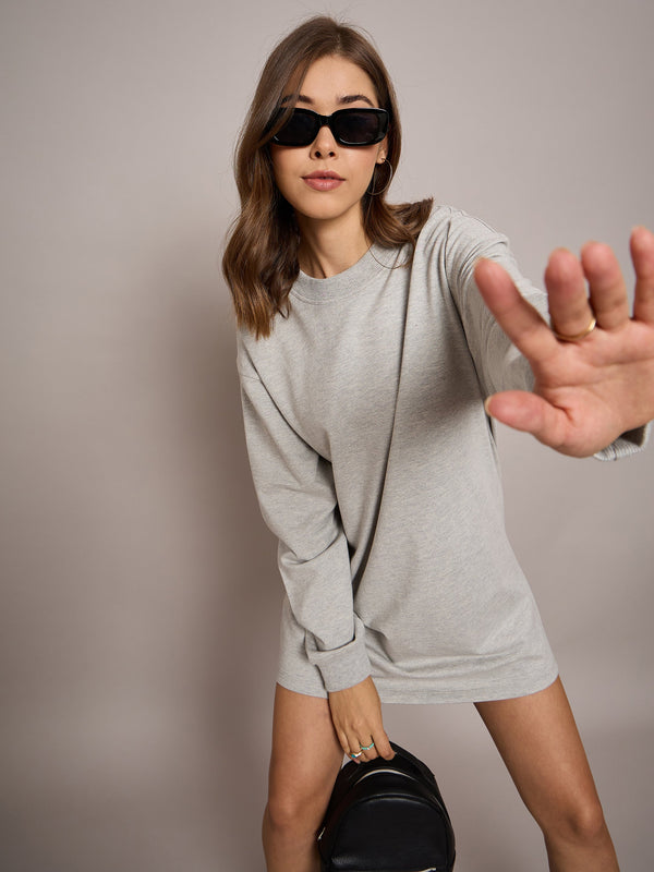 Women Grey Melange Terry Oversized Short Sweat Dress | WOMENSFASHIONFUN