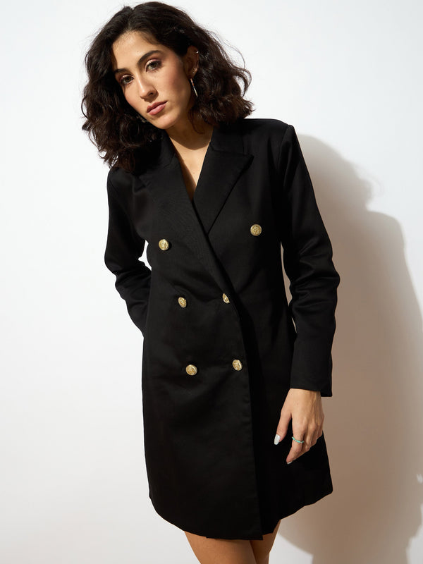 Women Black Full Sleeves Double Breasted Blazer Dress | WOMENSFASHIONFUN