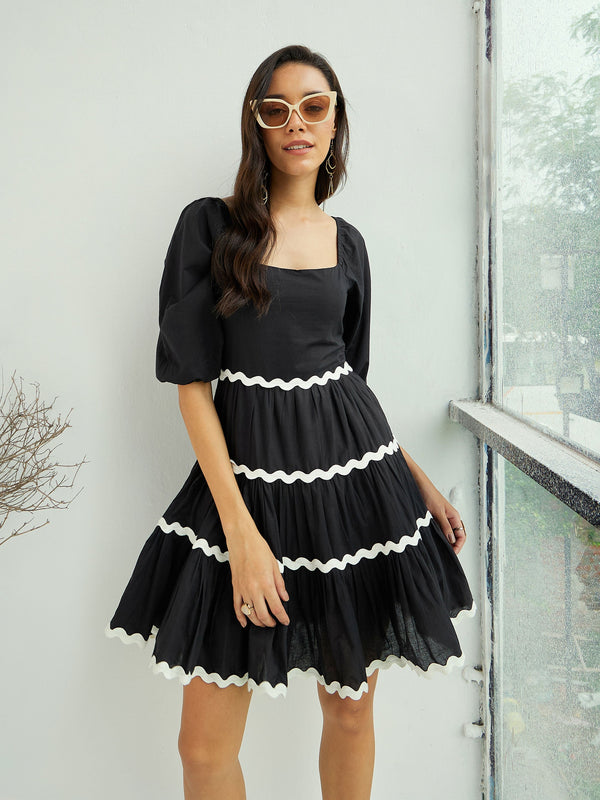 Women Black Ric Rac Lace Flared Above Knee Dress | WOMENSFASHIONFUN