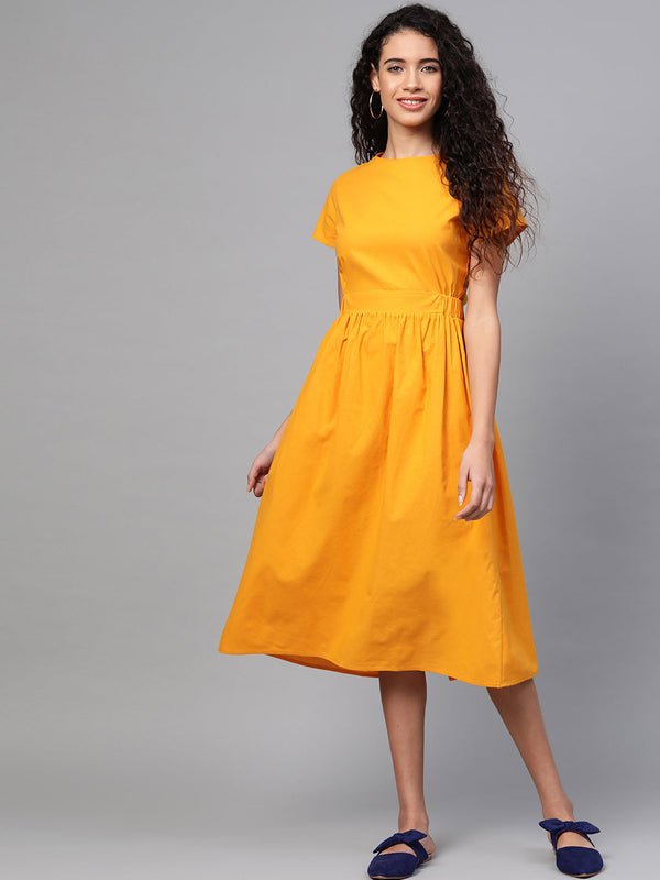 Mustard Back Placket Gathered Dress | WOMENSFASHIONFUN