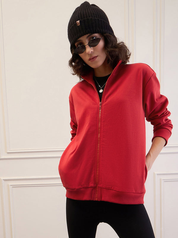 Women Red Fleece Front Zipper Jacket | WOMENSFASHIONFUN