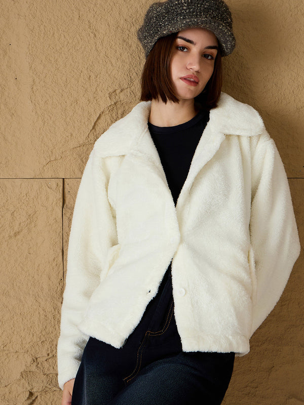 Women Off White Fur Flap Pockets Jacket | WOMENSFASHIONFUN