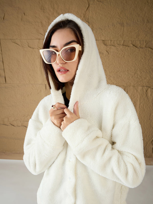 Women White Fur Button Placket Hooded Jacket | WOMENSFASHIONFUN