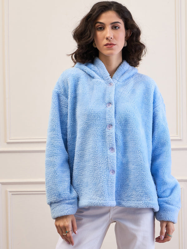 Women Blue Fur Button Placket Hooded Jacket | WOMENSFASHIONFUN