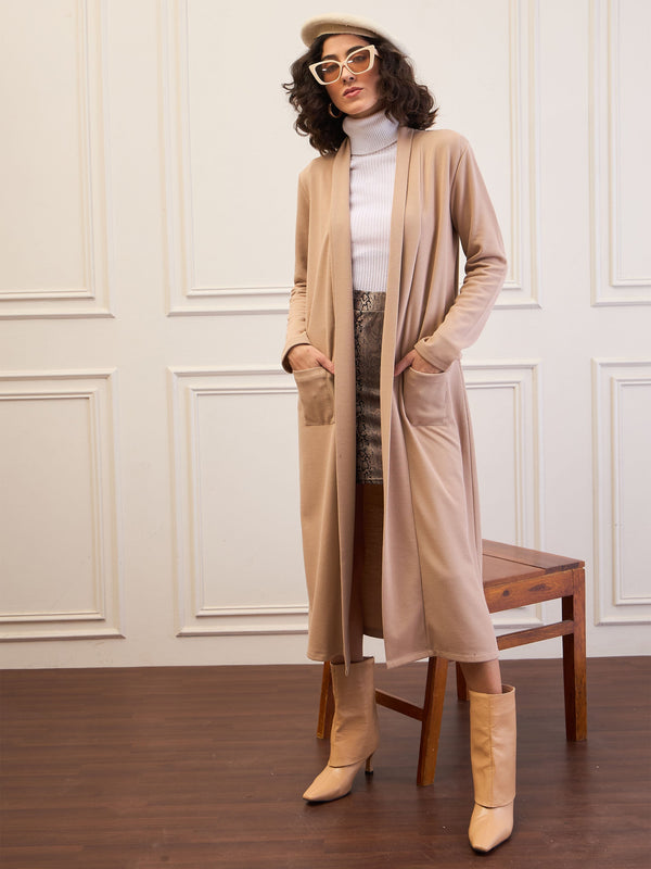 Women Beige Rib Longline Shrug | WOMENSFASHIONFUN