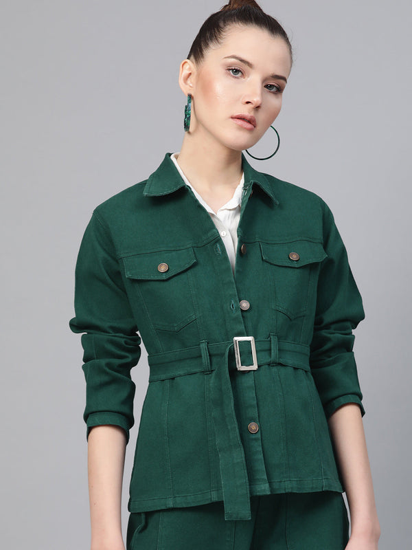 Emerald Green Denim Belted Jacket | WOMENSFASHIONFUN