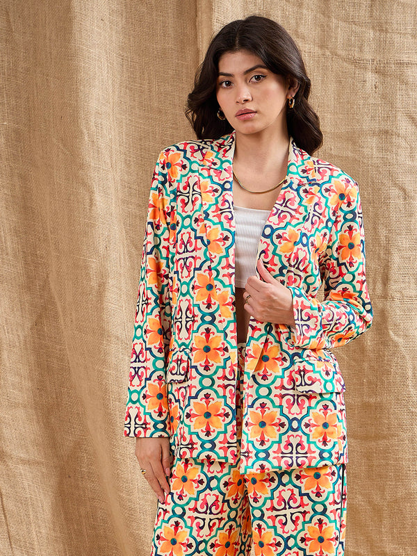 Women Yellow Geometrical Printed Shawl Collar Blazer | WOMENSFASHIONFUN