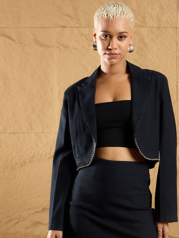 Women Black Denim Notch Collar Crop Blazer | WOMENSFASHIONFUN