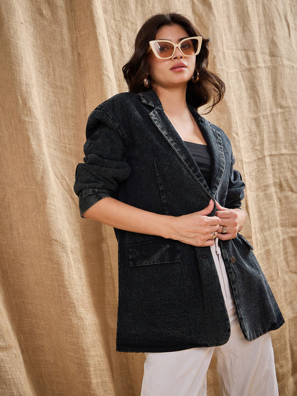 Women Black Denim Washed Oversized Notch Collar Blazer | WOMENSFASHIONFUN