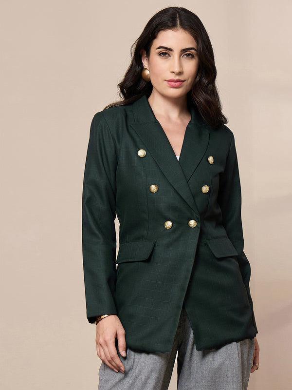 Women Green Double-Breasted Check Blazer | WOMENSFASHIONFUN