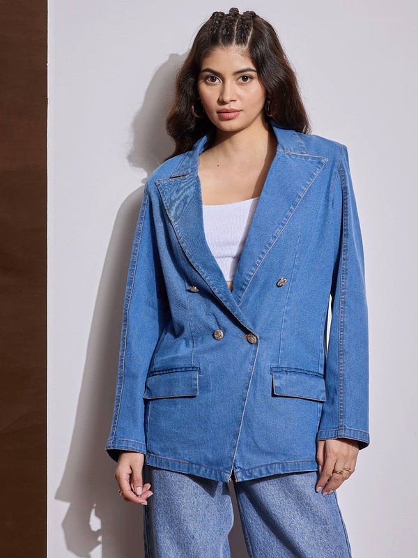 Women Blue Notch Collar Full Sleeve Blazer | WOMENSFASHIONFUN