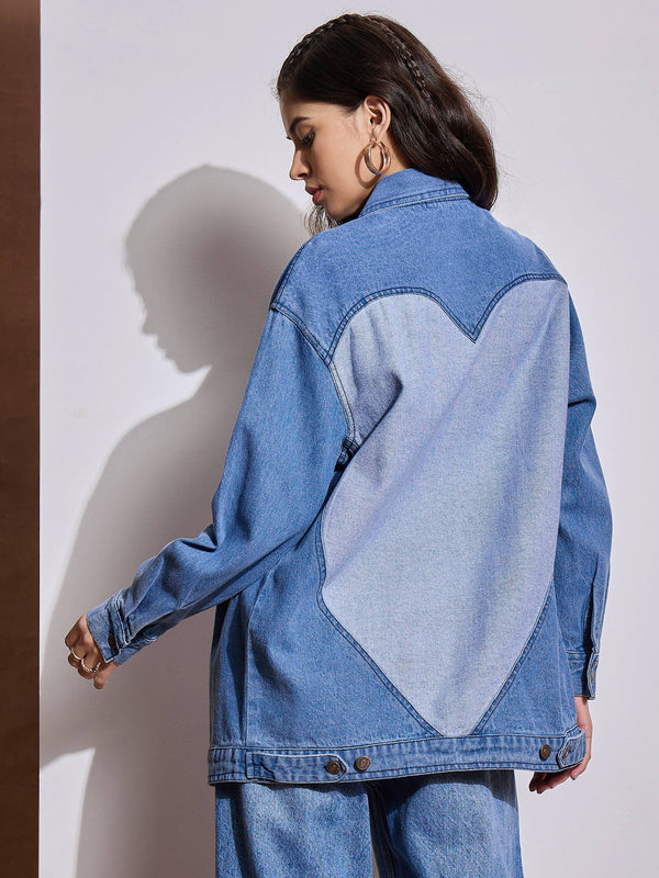 Women Blue Washed Denim Back Heart Patch Shacket | WOMENSFASHIONFUN