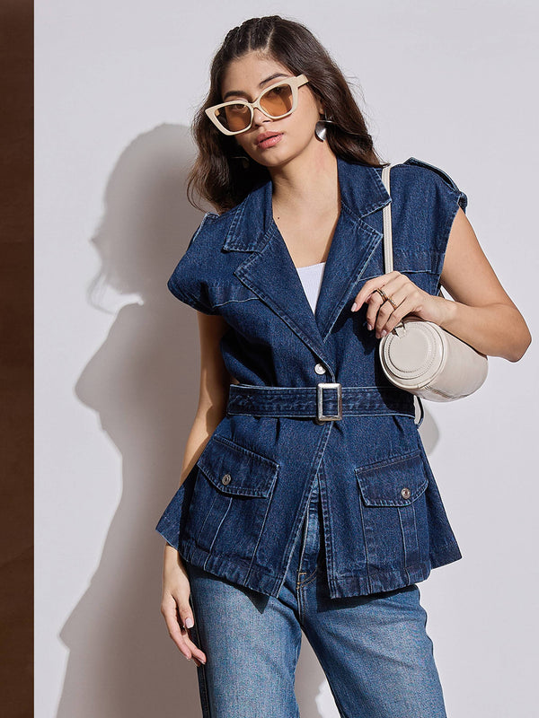 Women Blue Washed Pocket Detail Sleeveless Belted Jacket | WOMENSFASHIONFUN