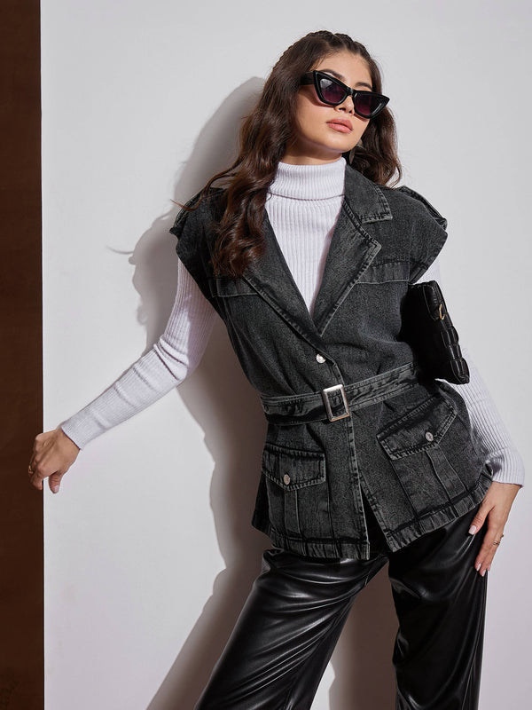 Women Black Washed Pocket Detail Sleeveless Belted Jacket | WOMENSFASHIONFUN