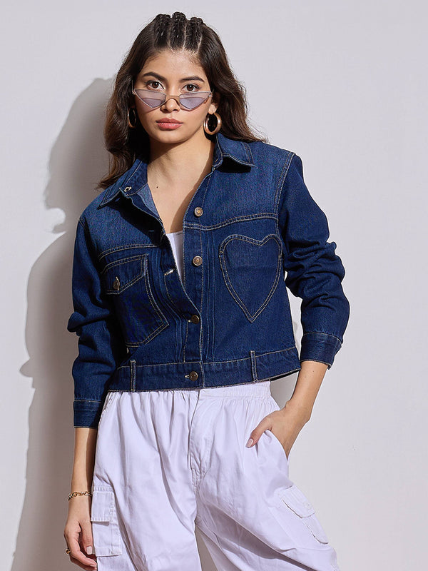 Women Blue Denim Heart Pockets Crop Jacket | WOMENSFASHIONFUN