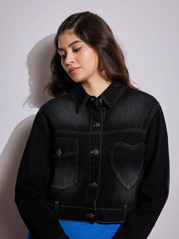 Women Black Denim Heart Pockets Crop Jacket | WOMENSFASHIONFUN